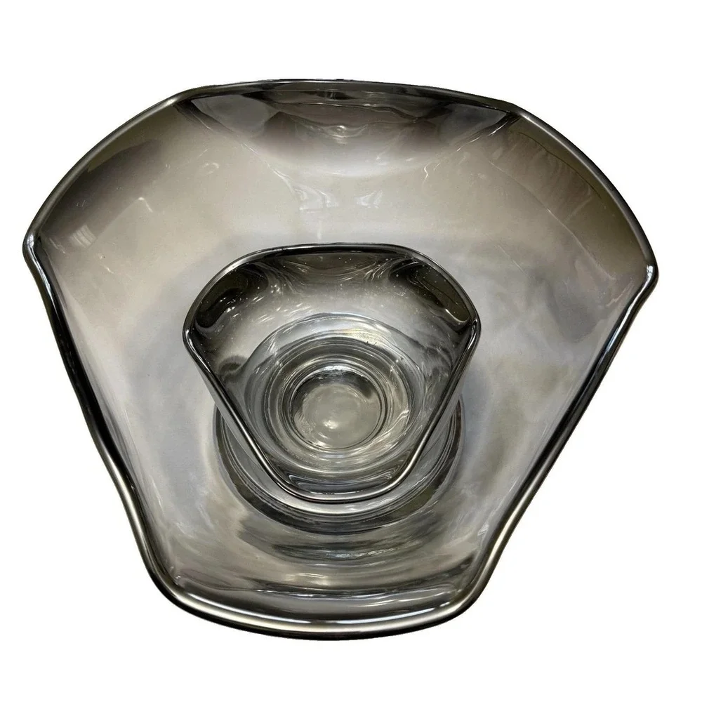 Vintage MCM Silver Fade Smoke Glass Serving Bowls Set of 2 Pedestal Ombre